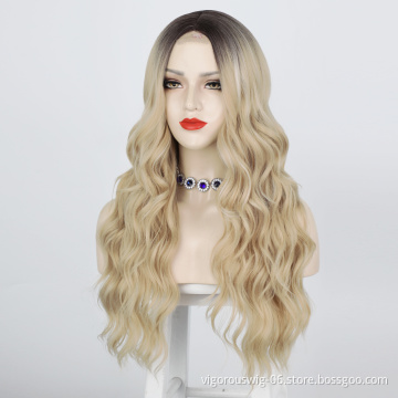 Vigorous Long Blonde Body Wave Full Synthetic Lace Wigs for Black Women Middle Part Ombre Dark Root Heat Resistant Fiber Wig
